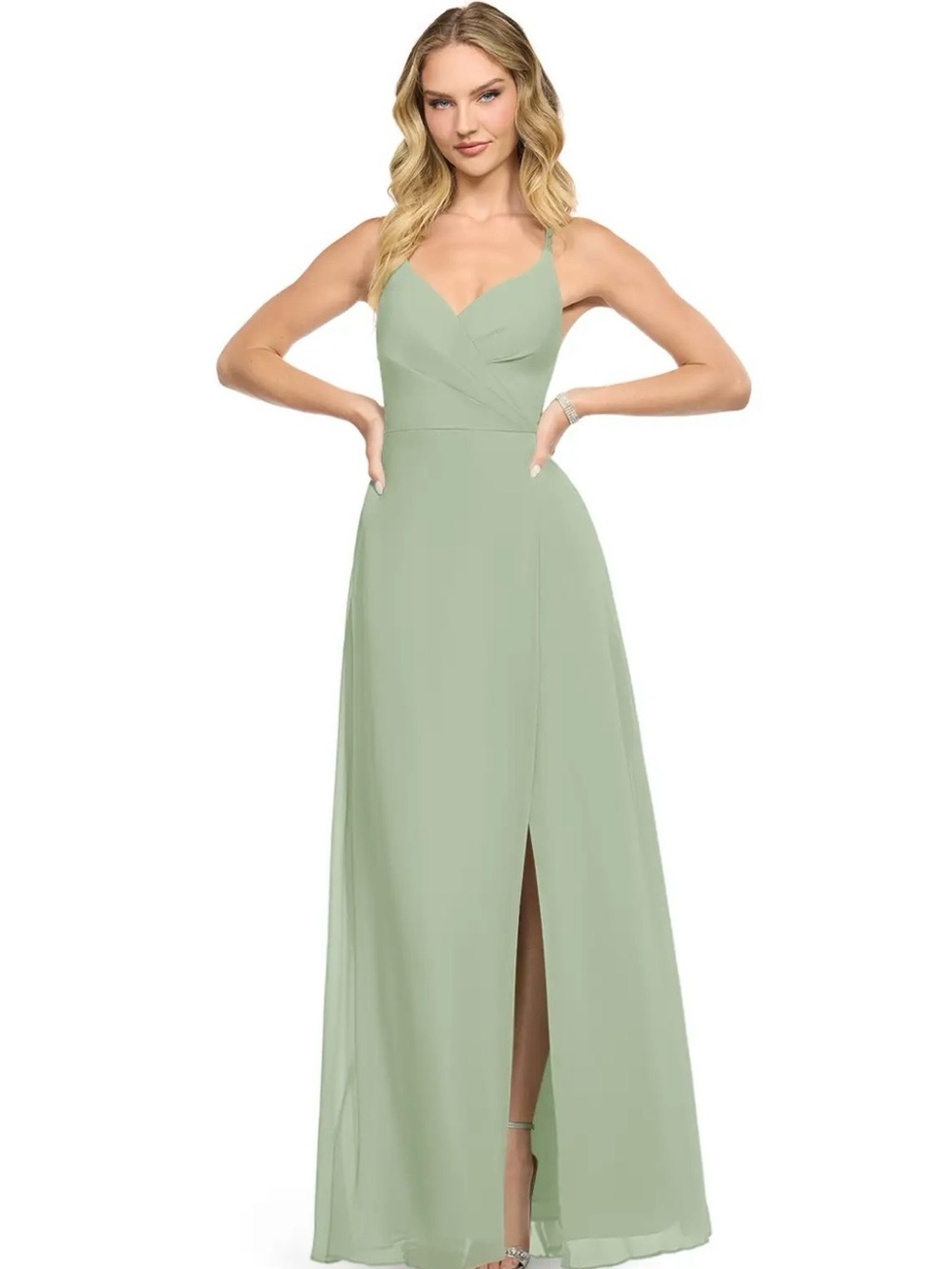 Azazie Davis Dusty Sage A-Line V-Neck Chiffon Dress Size A14